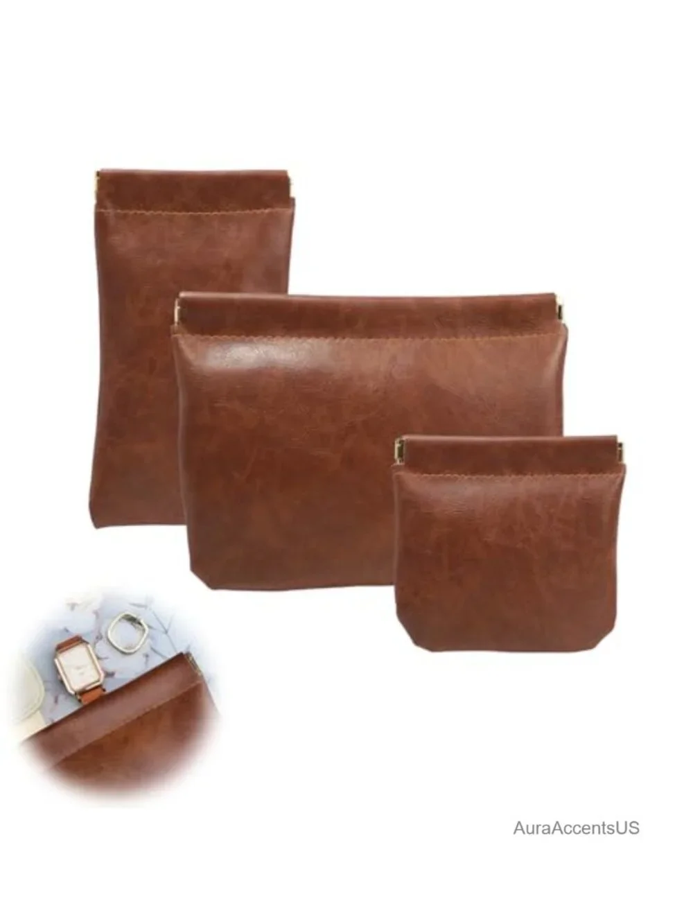 3 Pcs PU Leather Snap Closure Organizer Pouch Set Travel Cosmetic Bag